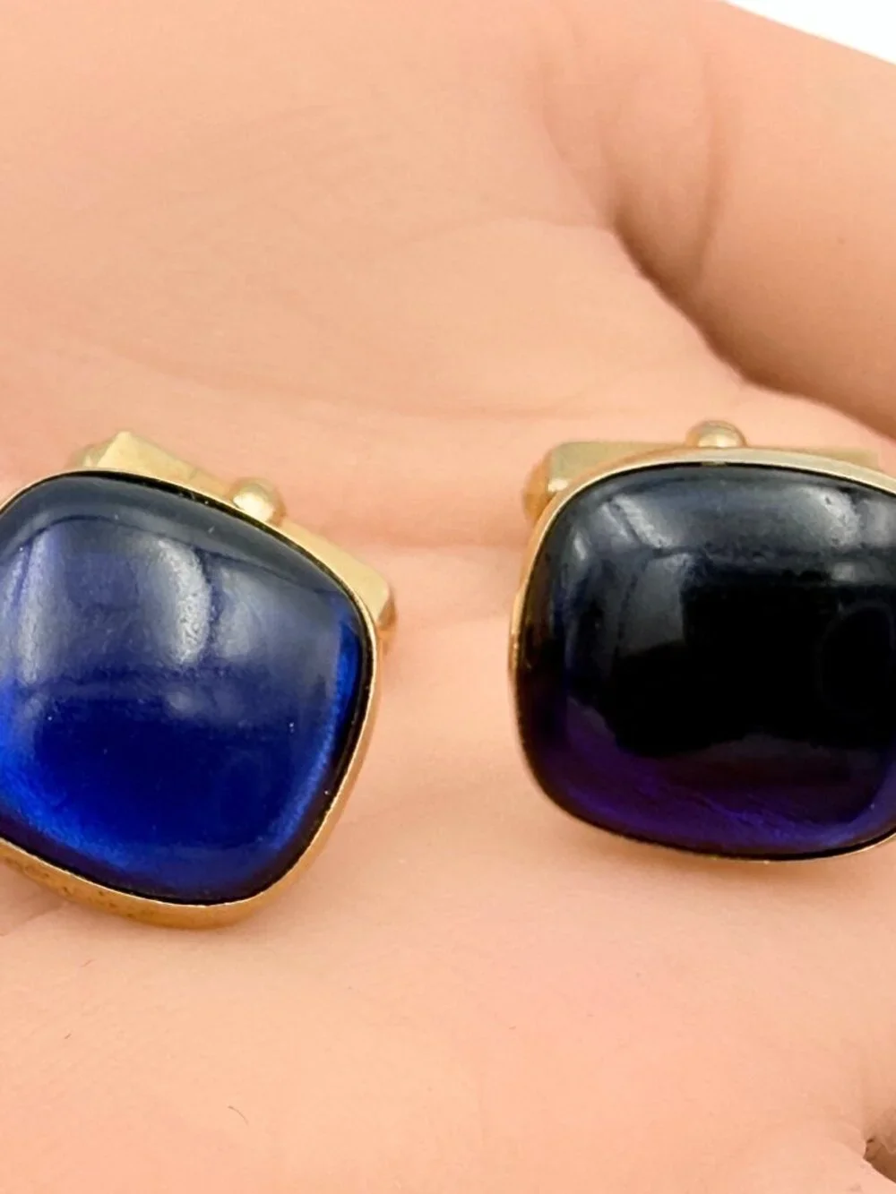Antique Art Deco Swank Signed Cushion Cut Blue Glass MCM Minimalist Cufflinks